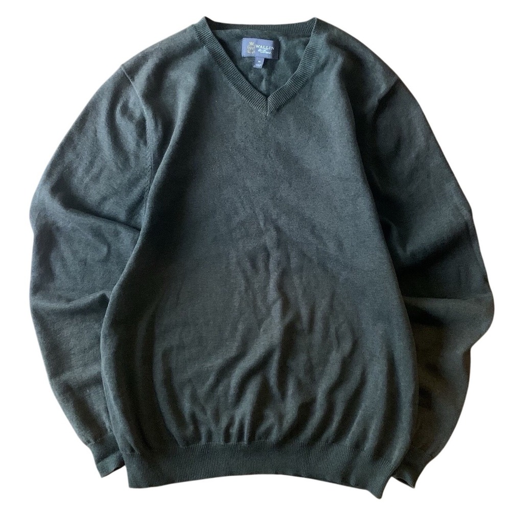Wallin & Bros. Green V-Neck Cotton Cashmere Blend Pullover Men's Sweater M‎